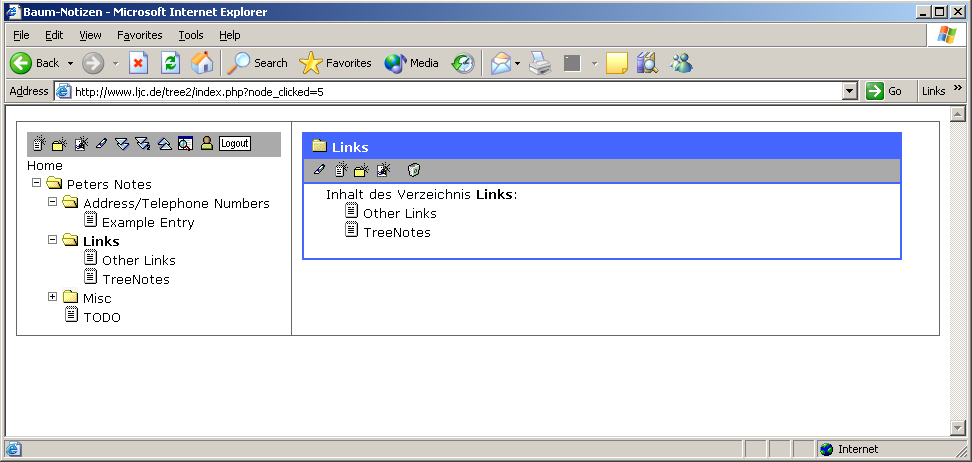 TreeNotes 2.0 (Baum-Notizen) in Internet Explorer: tree pane with Peters Notes, content pane showing Links folder