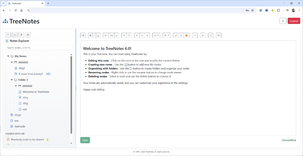TreeNotes 6.0 interface showing Notes Explorer and rich text editor with Welcome to TreeNotes 6.0