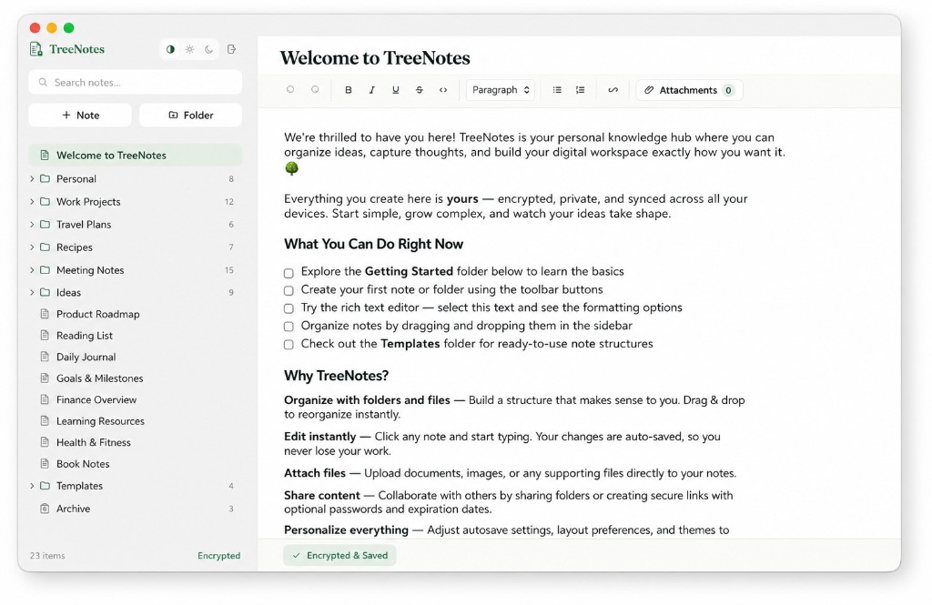 TreeNotes Mac-App mit hierarchischem Notizbaum neben einem Rich-Text-Editor und sichtbarem Verschlüsselungsstatus